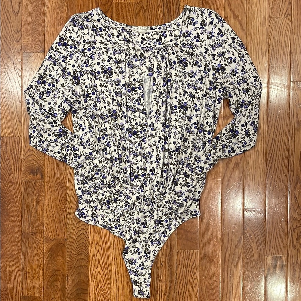 Free People Cream and Blue Floral Bodysuit